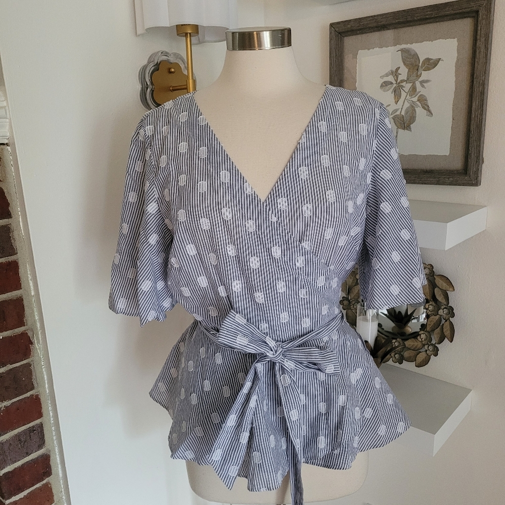 Loft Blue Striped Women's Wrap Too Flutter Sleeves Size Large